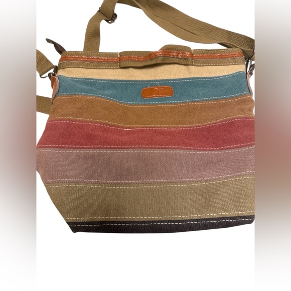 source unknown Handbags - Source Unknown Multicolor Striped Canvas Crossbody Bag with Blue Accent